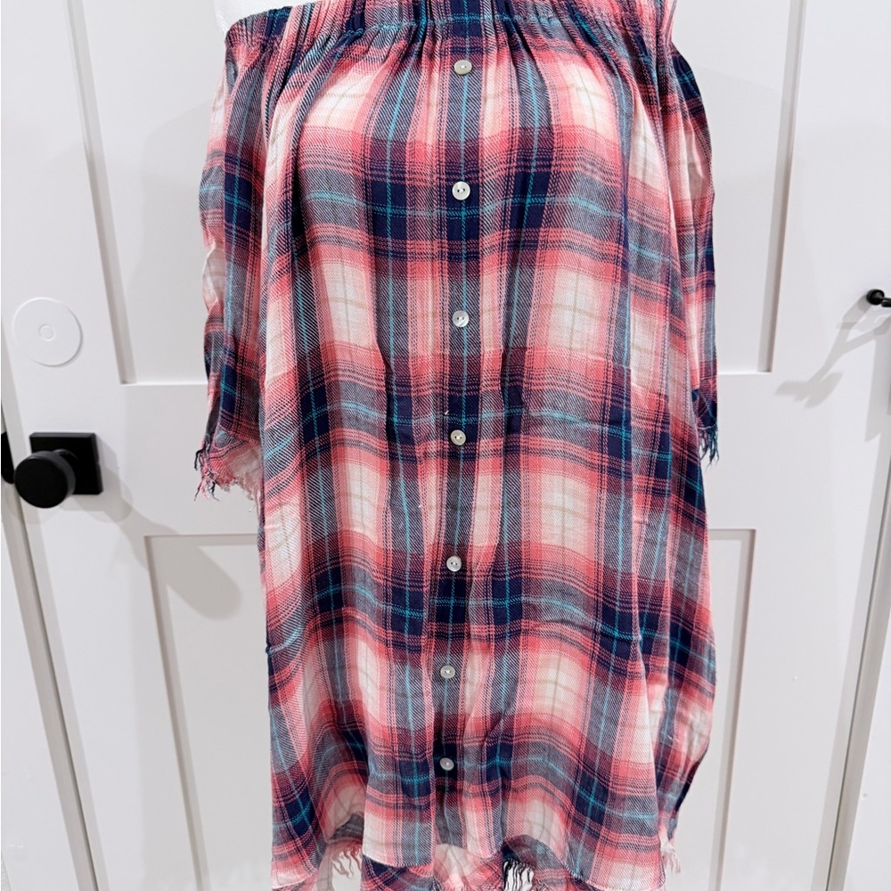 easel Pink and Navy Plaid Off-Shoulder Mini Dress